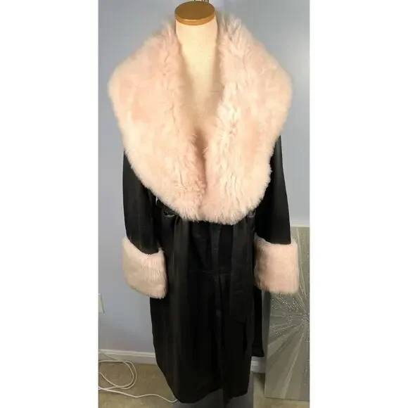 FREE PEOPLE X BRENDA KNIGHT Paris Duster Lamb Leather Fur Trim Belted Size XL - Picture 3 of 10